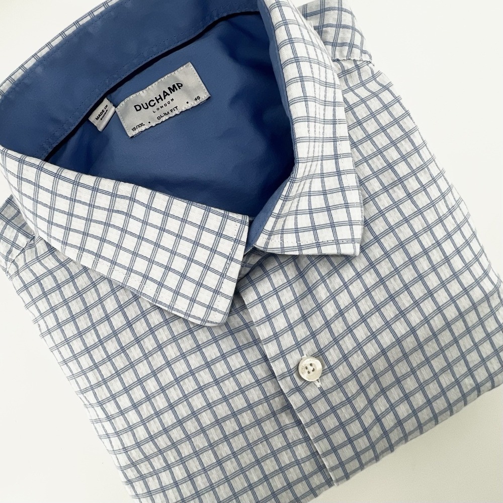 Duchamp London Men's Dress Shirt 18 XXL 46 Blue White Check Slim‎ Fit Stretch